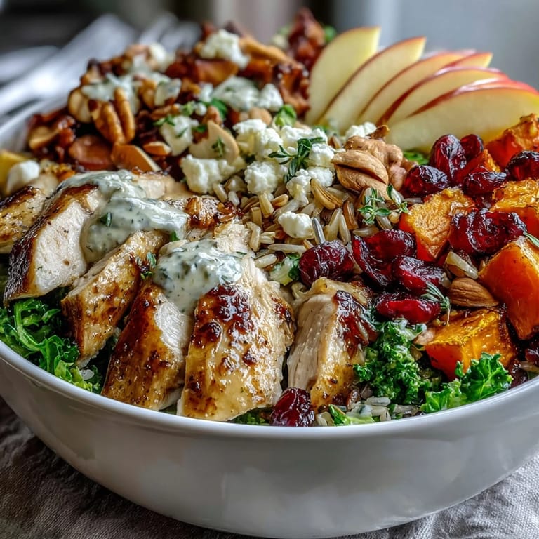 Wholesome harvest bowl featuring wild rice, tender chicken, crisp apples, and toasted almonds topped with creamy goat cheese.  