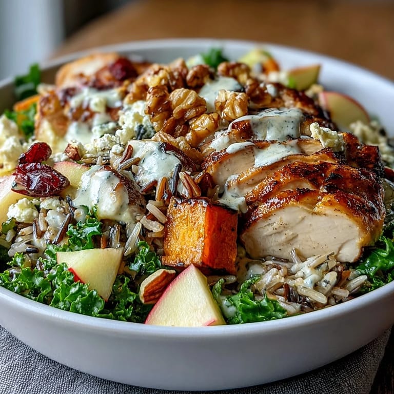 Nutritious harvest bowl packed with roasted sweet potatoes, massaged kale, and juicy chicken, finished with tangy balsamic vinaigrette.
