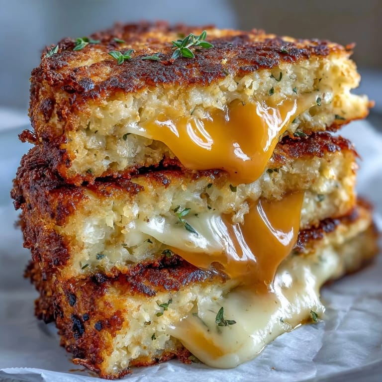 Two halves of a Keto Cheesy Cauliflower Bread Grilled Cheese resting beside a fresh green salad.