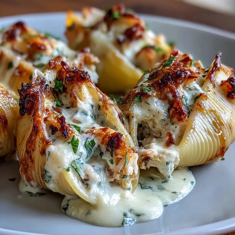 Elegant baked seafood stuffed shells featuring tender lobster and crab, enveloped in a luxurious Parmesan cream sauce.