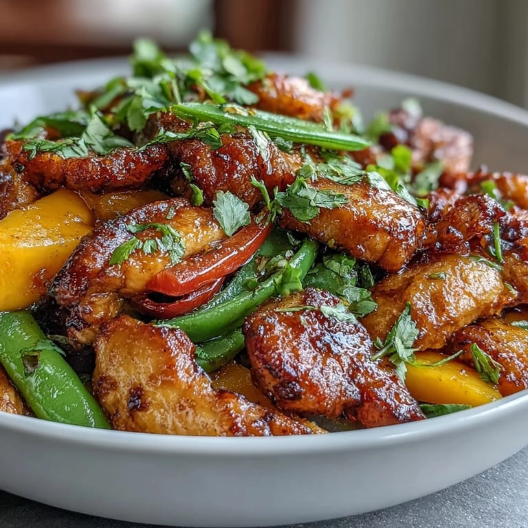Golden turmeric-infused chicken stir-fry served with crisp snap peas, sweet mango, and bell peppers in a zesty sauce.  