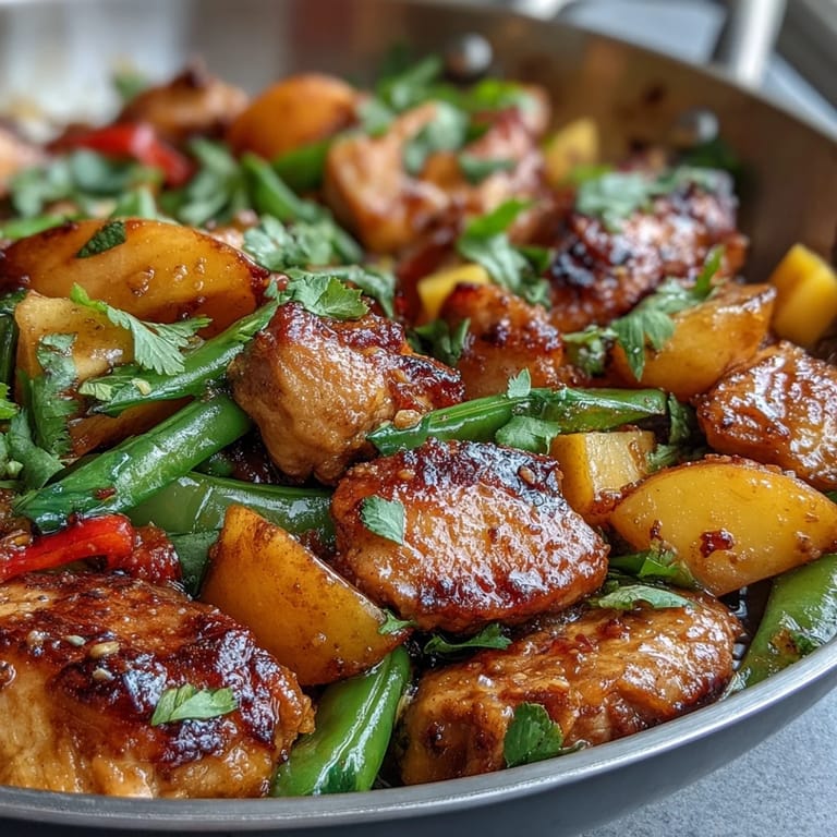 Fresh mango and turmeric chicken stir-fry with tender vegetables, served hot with fragrant herbs and sesame garnish.