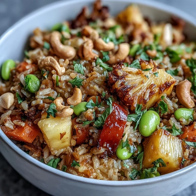 Colorful, healthy vegan pineapple fried rice with cauliflower rice, juicy pineapple chunks, and green edamame, perfect for a quick plant-based meal.