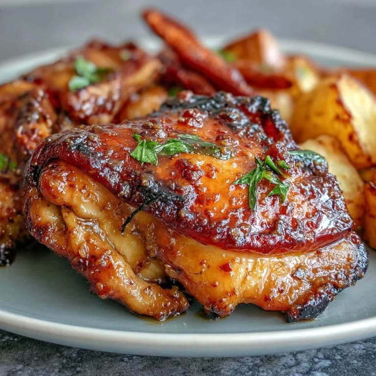 Sweet and tangy honey mustard glaze caramelizes over juicy chicken and roasted vegetables on a single sheet pan.  