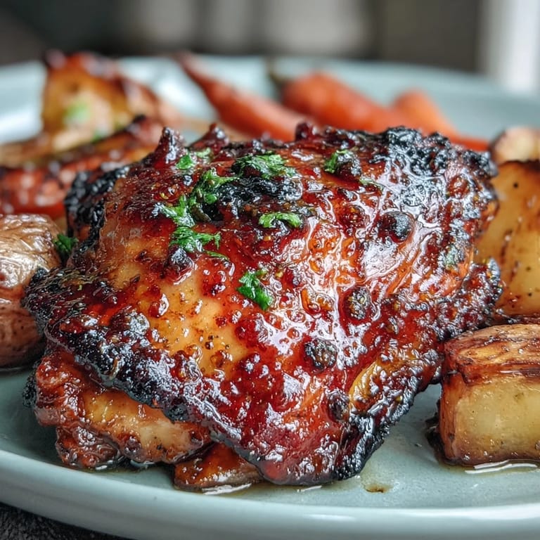 Family-friendly sheet pan meal with honey mustard chicken, carrots, and potatoes baked to golden perfection.