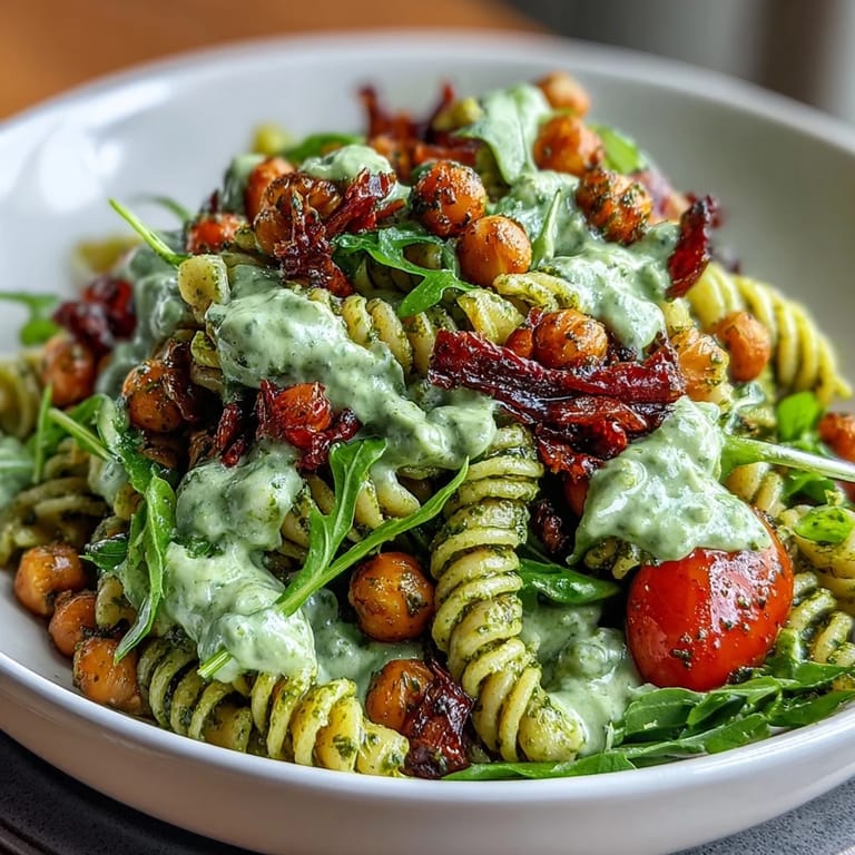 Hearty chickpea pasta salad tossed in a luscious dairy-free pesto, garnished with peppery arugula and fresh veggies.  