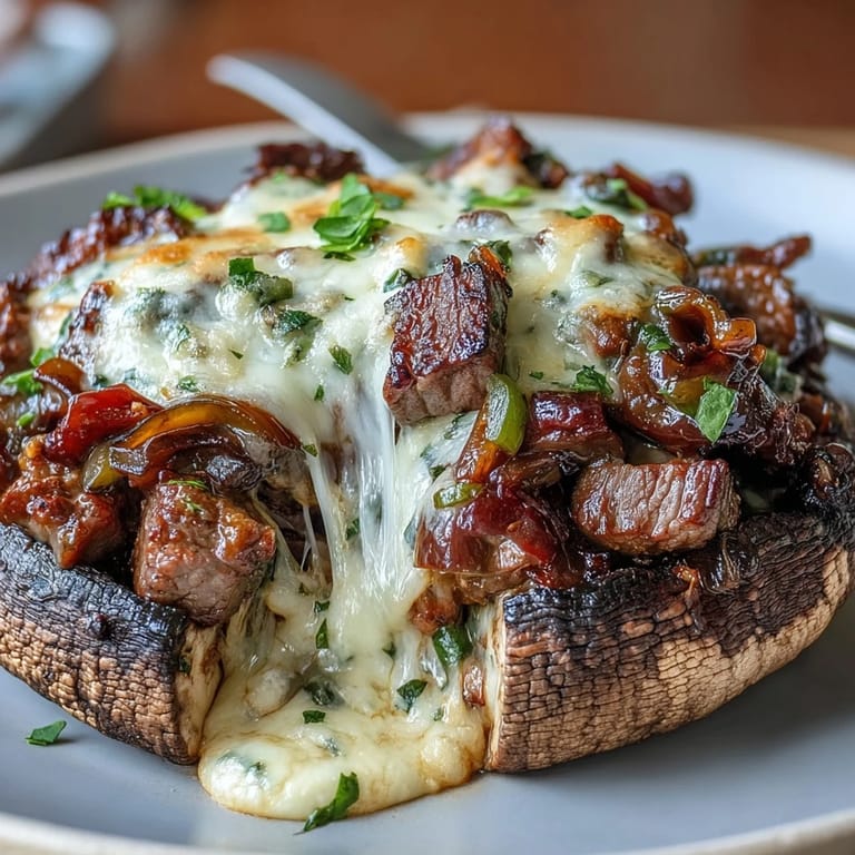 Savor low-carb Philly cheesesteak flavors in tender portobello mushrooms loaded with savory steak and gooey provolone cheese.