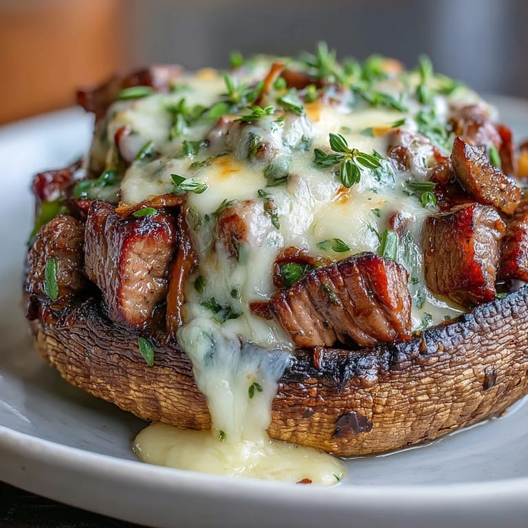Easy keto stuffed portobello mushrooms filled with ribeye steak, sautéed veggies, and melted mozzarella for a hearty dinner.