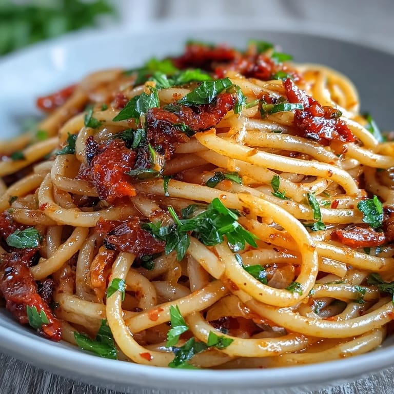 Aromatic bucatini pasta tossed with Calabrian chili paste, garlic, and anchovies for a bold, fiery flavor.  