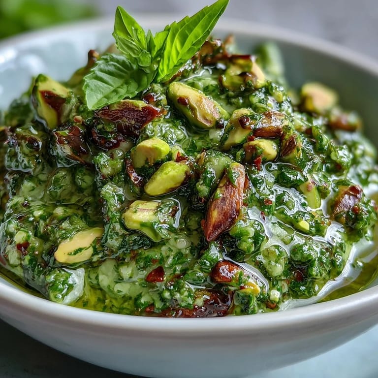 Creamy pistachio pesto sauce drizzled over hot pasta with a sprinkle of chopped pistachios.  