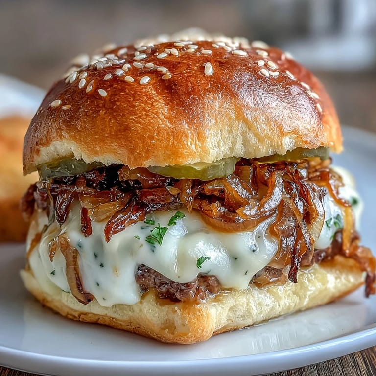 Mini Smash Burger Sliders with Caramelized Onions: Crispy-edged beef patties layered with gooey cheese and rich, golden-brown caramelized onions in mini brioche buns.  