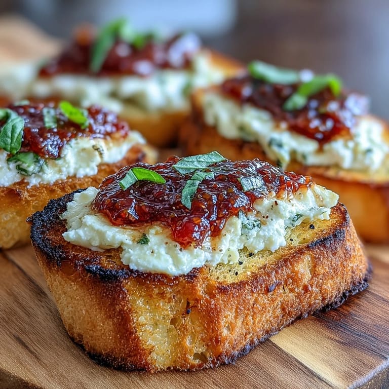 A colorful appetizer featuring crispy bruschetta with tangy goat cheese, sweet chili jam, and fresh basil garnish.  