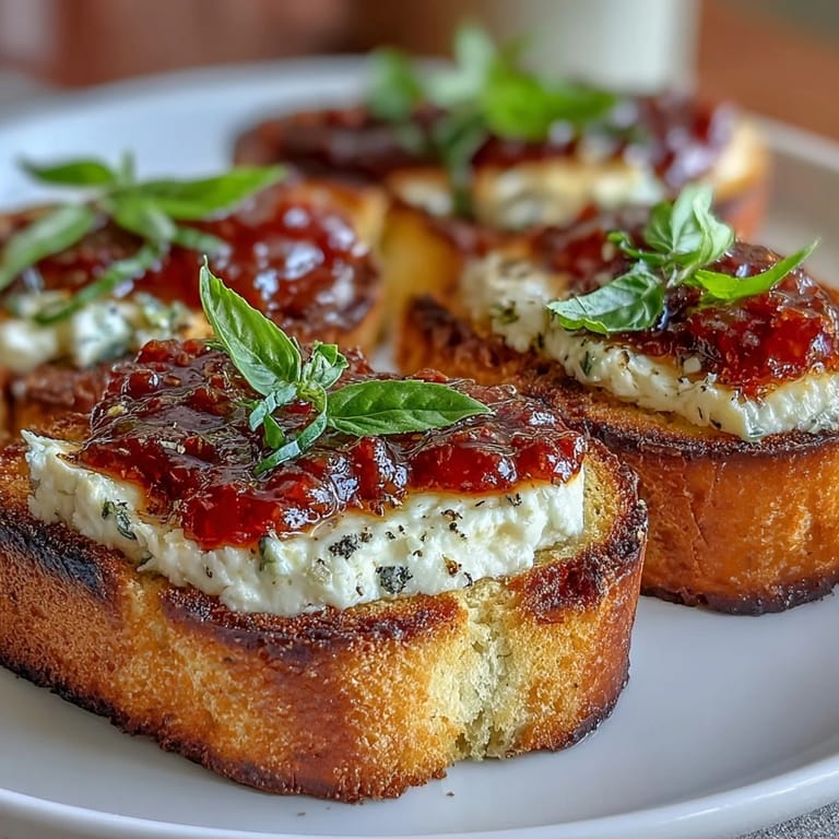 Rustic bruschetta with toasted bread, smooth goat cheese, and a drizzle of chili jam for bold flavor.