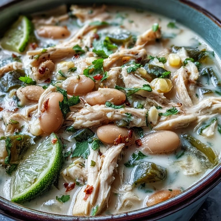 Hearty White Bean Chicken Chili with tender shredded chicken, creamy white beans, and vibrant spices in a rich broth.  