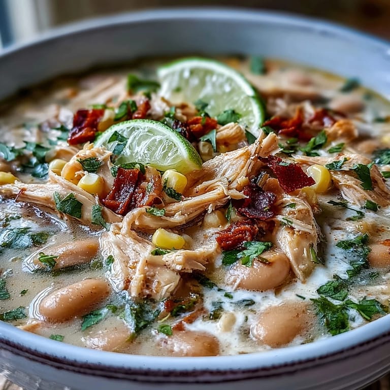 Creamy White Bean Chicken Chili garnished with Greek yogurt and sliced jalapeños for a zesty, satisfying meal.