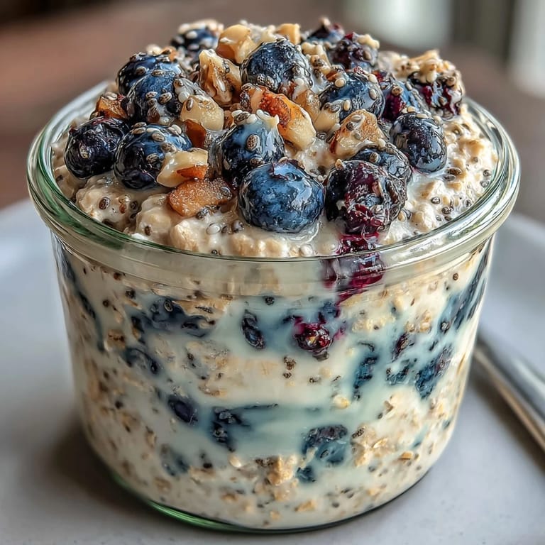 Bright blueberry overnight oats with lemon zest and chia seeds, layered for a beautiful morning treat.