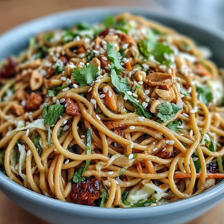 Tender noodles tossed with crunchy cabbage, carrots, and bell peppers, coated in a savory-sweet peanut dressing for a refreshing meal.