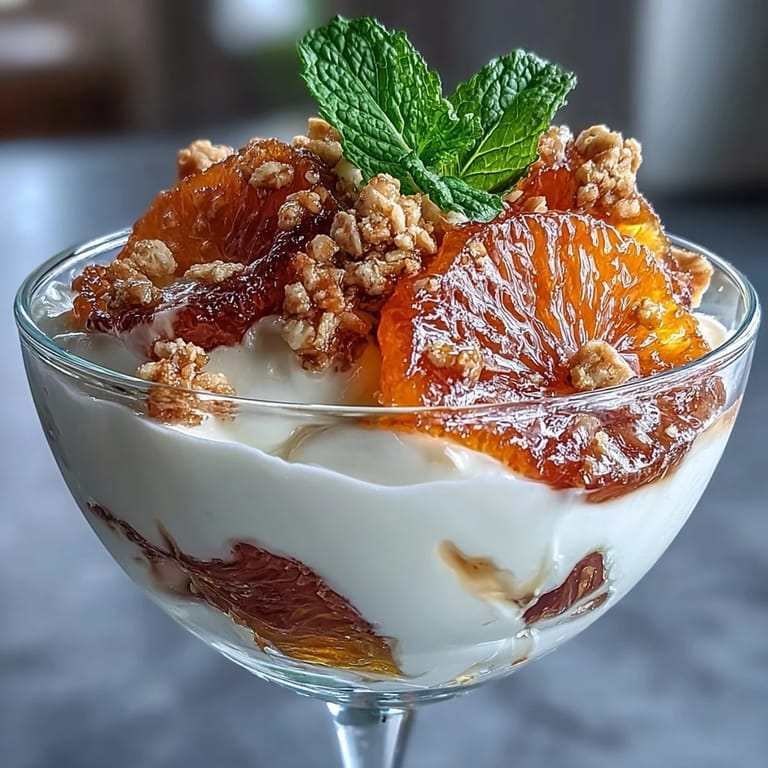 Golden candied orange slices glisten atop layers of vanilla yogurt and toasted almond granola, offering a burst of citrus flavor in every spoonful.