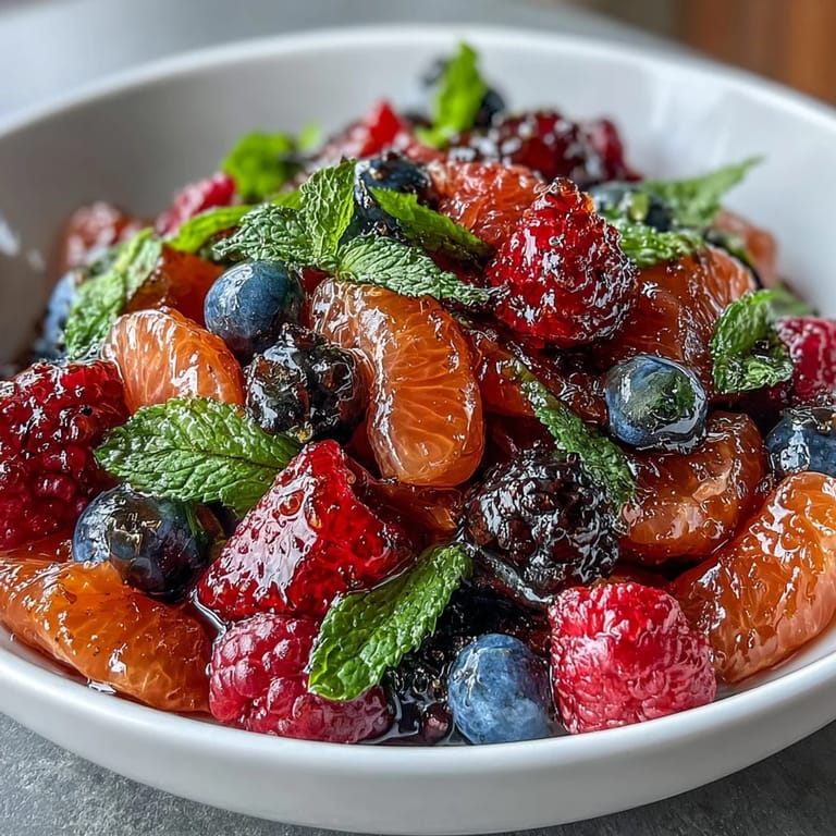 Colorful mix of oranges, grapefruit, strawberries, and berries with a honey-lime dressing and mint garnish.