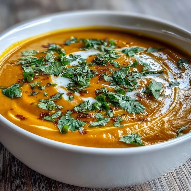 Creamy vegan carrot soup with orange and ginger, garnished with fresh herbs and coconut milk, perfect for a light meal.