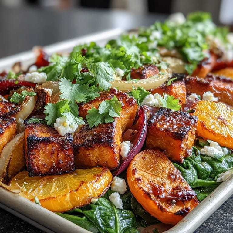Vibrant sheet pan breakfast hash featuring caramelized sweet potatoes, juicy orange chunks, and tender spinach leaves, baked to perfection.  