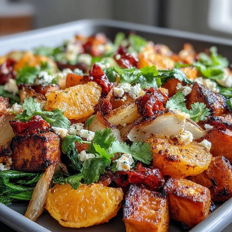 Easy vegetarian breakfast hash with sweet potatoes, red peppers, and oranges roasted on a single pan for a wholesome start to your day.