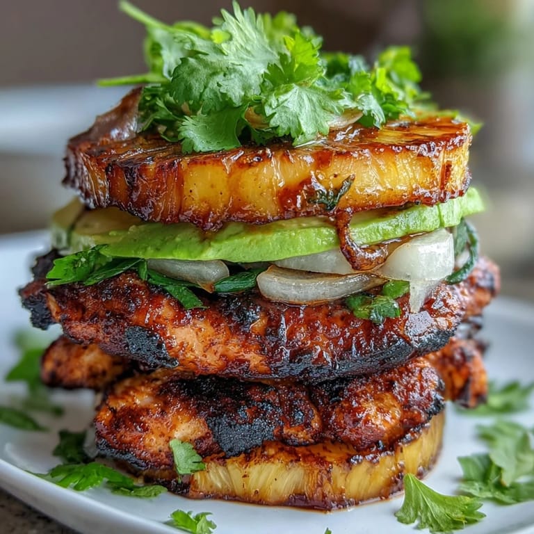Hearty grilled chicken pineapple burger stacks layered with avocado, tomato, and grilled onions—perfect for a lighter, bun-free main dish.