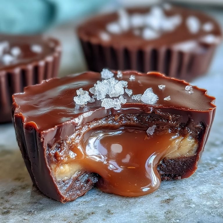 Indulgent peanut butter cups featuring a molten salted caramel center, enrobed in smooth chocolate and finished with flaky sea salt.