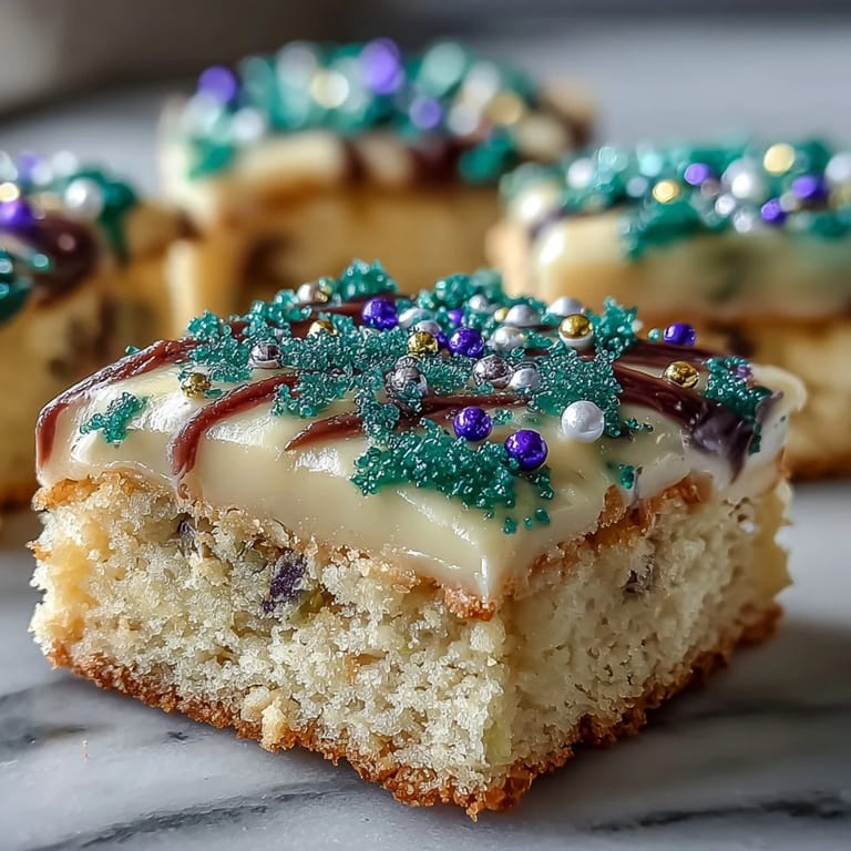 Soft and buttery King Cake Sugar Cookie Bars with zesty lemon flavor and vibrant icing for holiday gatherings.  