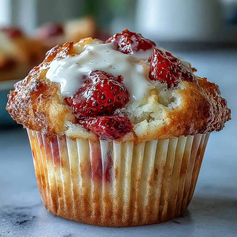 Moist strawberry Greek yogurt muffins baked to perfection, perfect for a quick morning treat or snack.