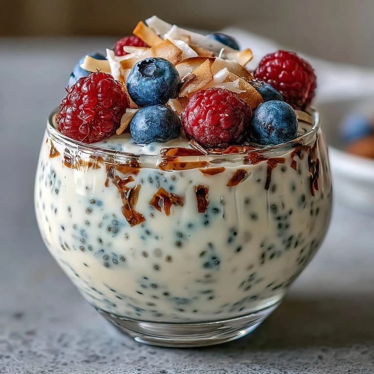 Creamy chia pudding made with Greek yogurt, vanilla bean, and almond milk, perfect for a light and nutritious snack.