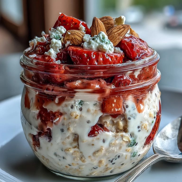 3. Mason jar filled with vanilla protein oats, fresh diced strawberries, and a sprinkle of sliced almonds for added crunch.