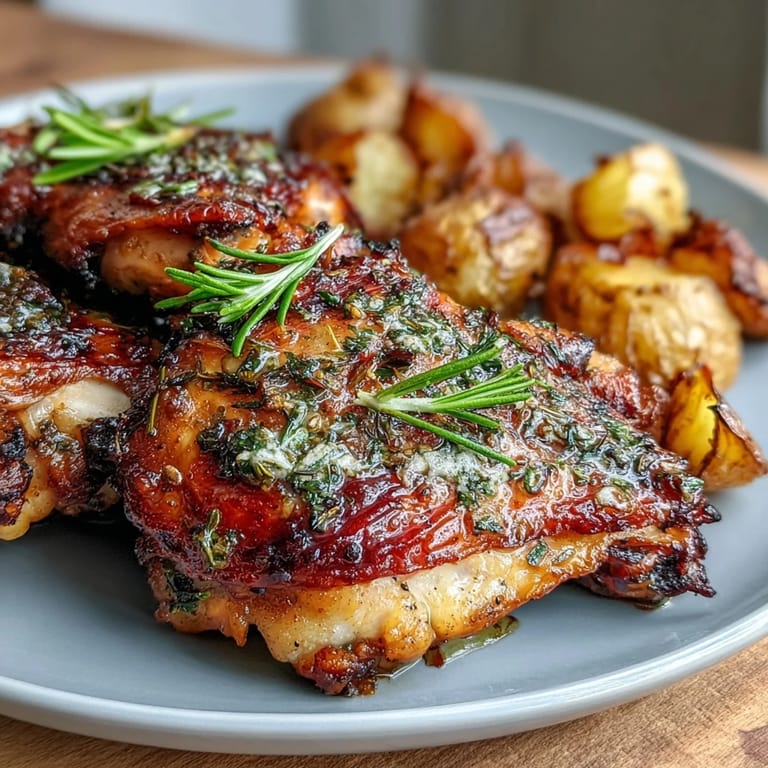 Aromatic lemon herb chicken and potatoes, golden brown and fragrant, ideal for an elegant family meal or gathering.