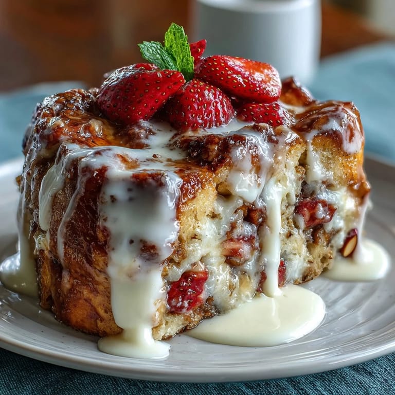 Baked French toast casserole layered with strawberries, cream, and brioche, topped with crunchy almonds and sugar.