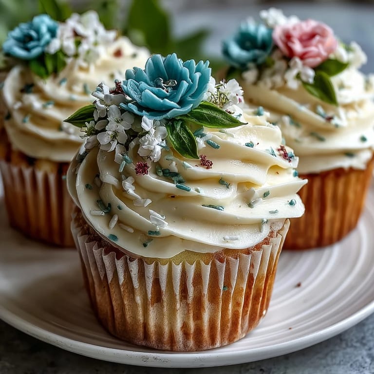 Pastel buttercream flowers bloom atop tender vanilla cupcakes, creating an elegant dessert for baby showers or spring gatherings.
