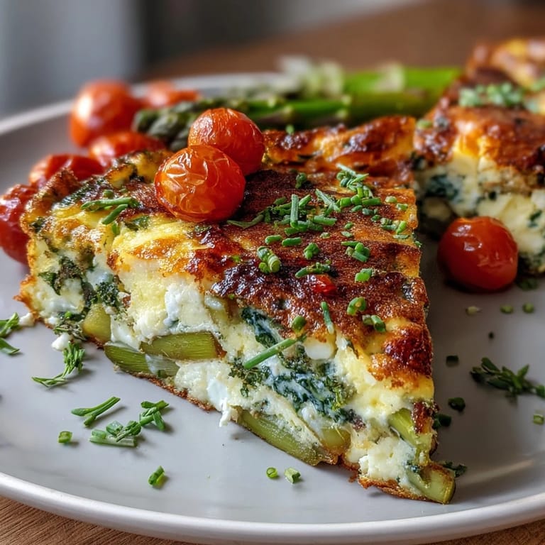 Mediterranean-style frittata featuring fresh spring vegetables, herbs, and goat cheese, baked to a golden finish in an oven-safe skillet.