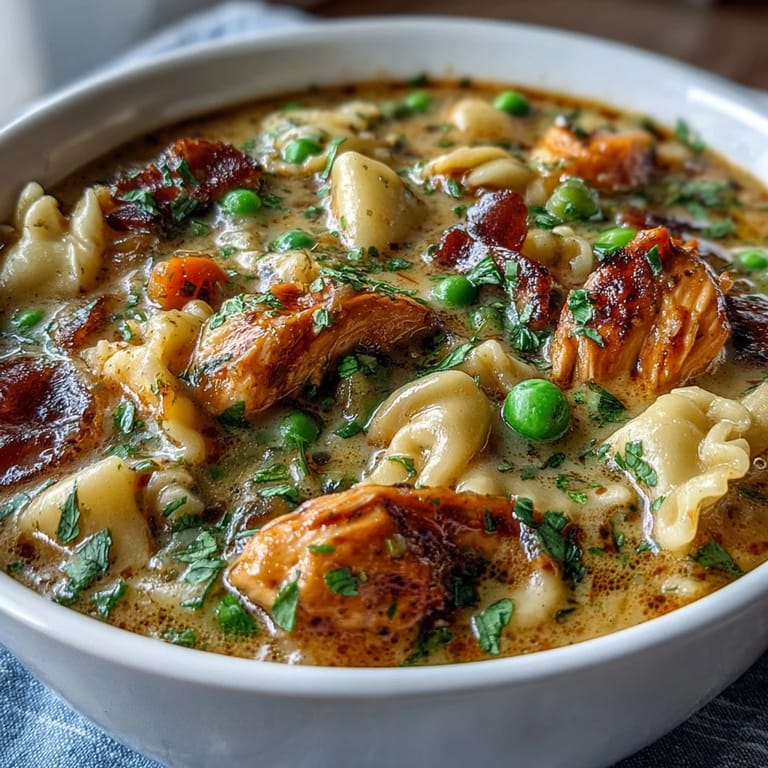 Slow Cooker Chicken Pot Pie Soup featuring shredded chicken, potatoes, carrots, and peas in a rich, comforting cream sauce.