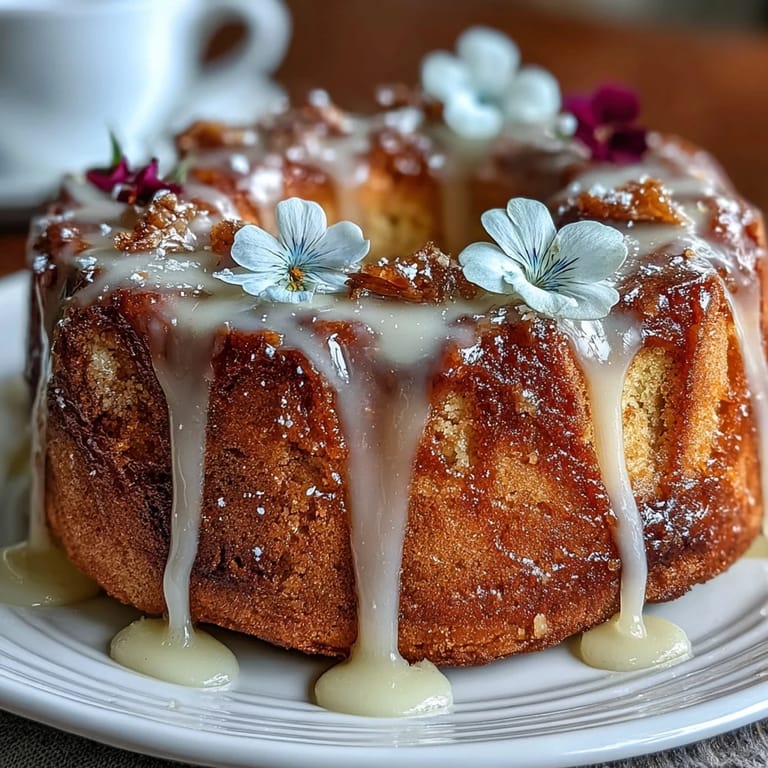 Bright lemon drizzle cake topped with sweet glaze and delicate edible flowers, ideal for spring celebrations.