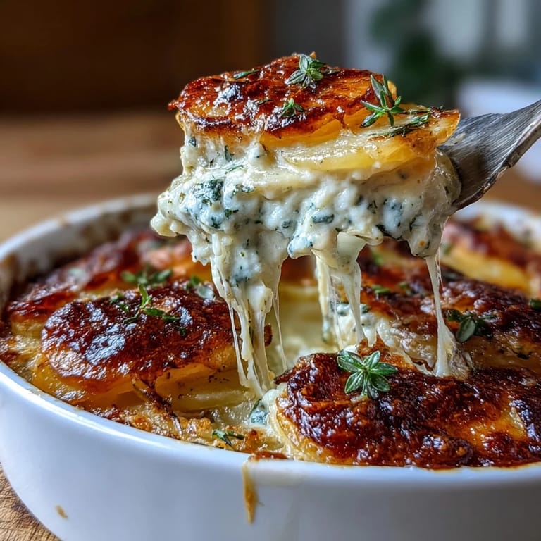 Tender Creamy Scalloped Potatoes with Gruyere bubbling under golden cheese, perfect for dinners.