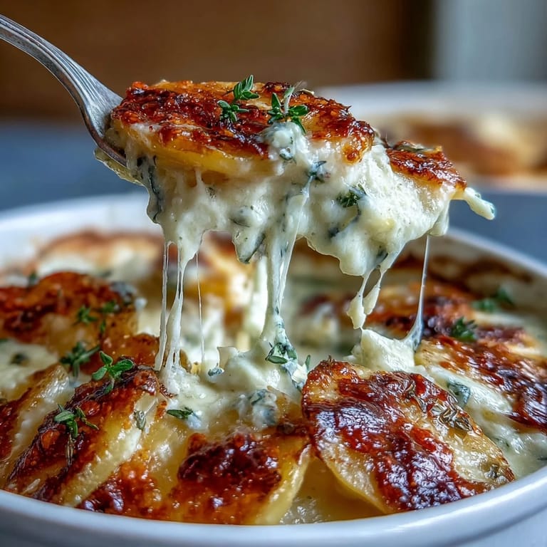 Savor this baked Creamy Scalloped Potatoes with Gruyere, showcasing luscious, dairy-rich layers.