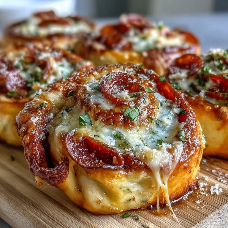 Appetizing spiral pastries bursting with marinara, cheese, and pepperoni, fresh from oven.