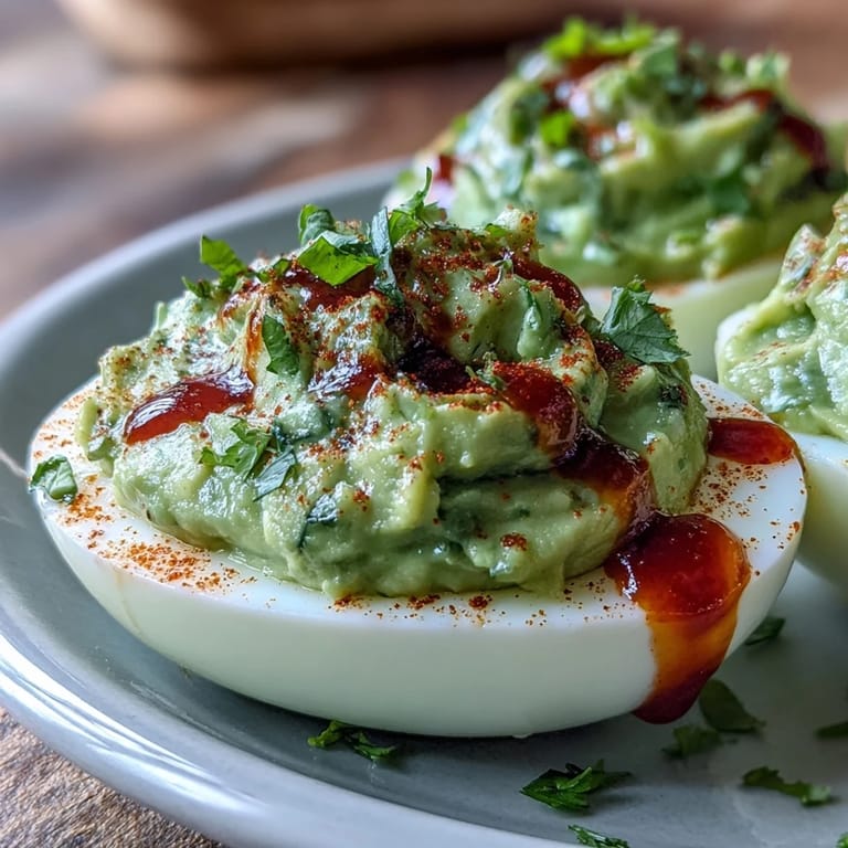 Close-up of avocado deviled eggs, featuring bright green filling and red Sriracha swirl.