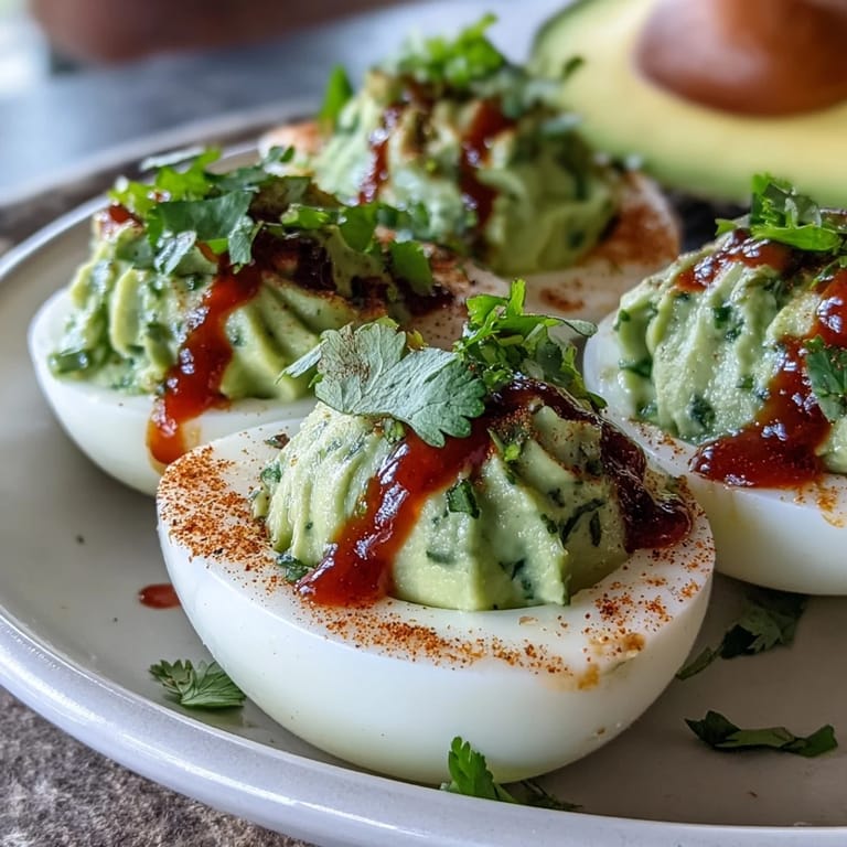Creamy, healthy avocado deviled eggs topped with spicy Sriracha, ready to serve.