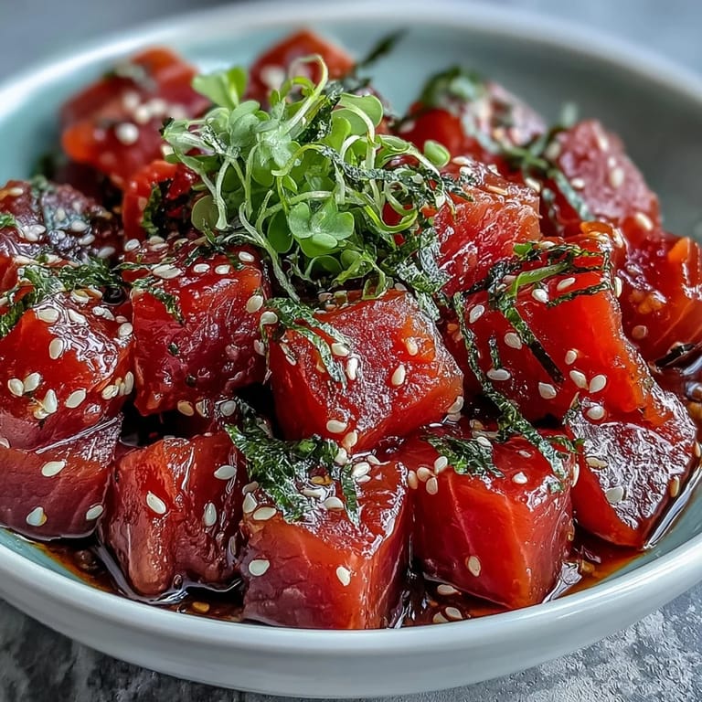 Vibrant Spring Tuna Poke Bowl topped with sesame seeds, nori strips, and fresh vegetables.