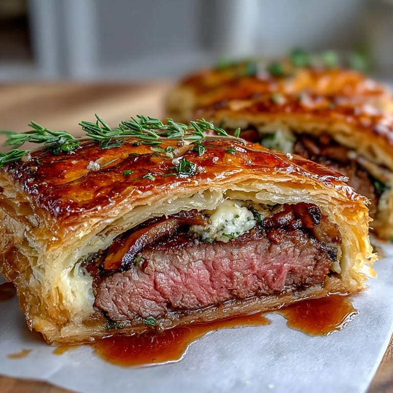 Tender Individual Beef Wellington bites, perfectly baked with crisp, golden puff pastry perfection.