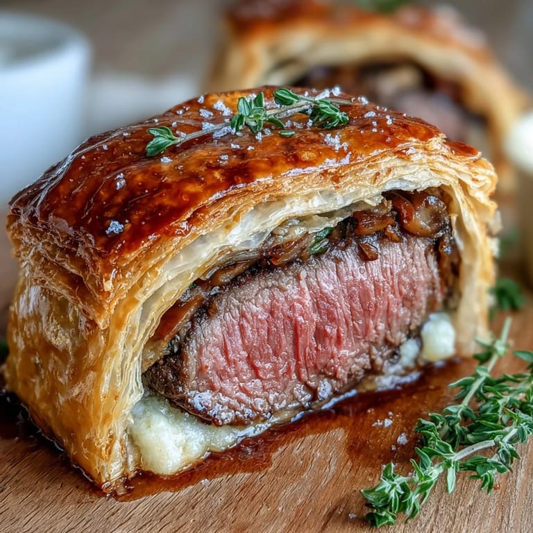 Close-up of Individual Beef Wellington with flaky, golden pastry, ready for a festive dinner.