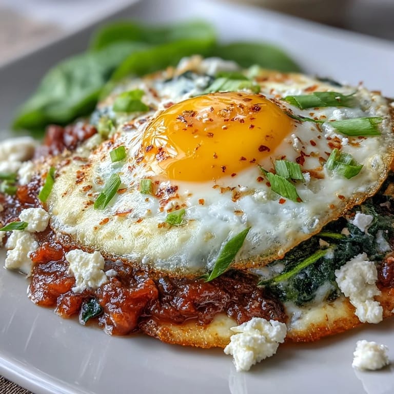 Vibrant vegetarian shakshuka featuring runny eggs nestled in a rich tomato-spinach base, finished with crumbled feta cheese.