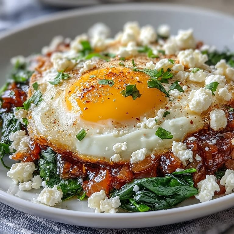Middle Eastern-style shakshuka with fresh spinach, aromatic spices, and tangy feta, served in a skillet for sharing.