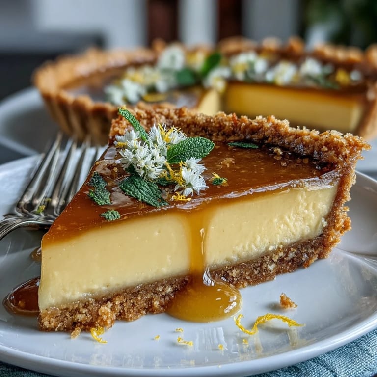 Elegant lemon curd tart with a golden crust, topped with pansies and mint, capturing the essence of a sunny spring day.