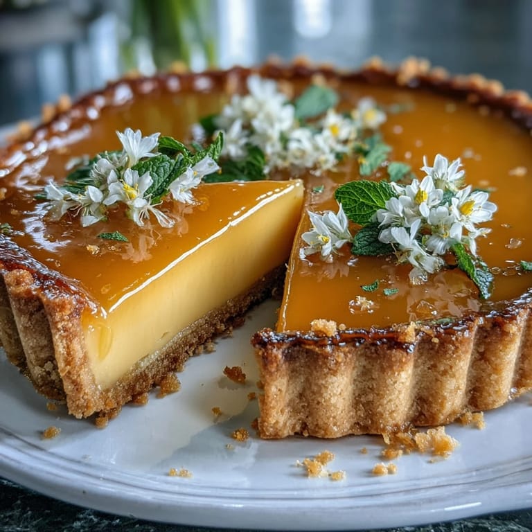 Vibrant lemon curd tart with edible blossoms, perfect for Easter brunch or a light spring gathering, served on a rustic table.  
